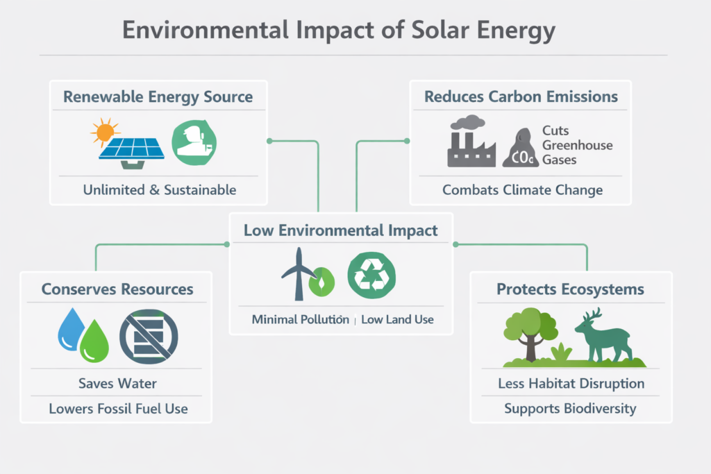 Environmental Impact of Solar Energy, create an educational infographic on the impact