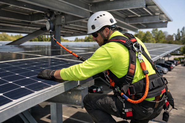 Working at Height on Solar Canopies,   height safety harness